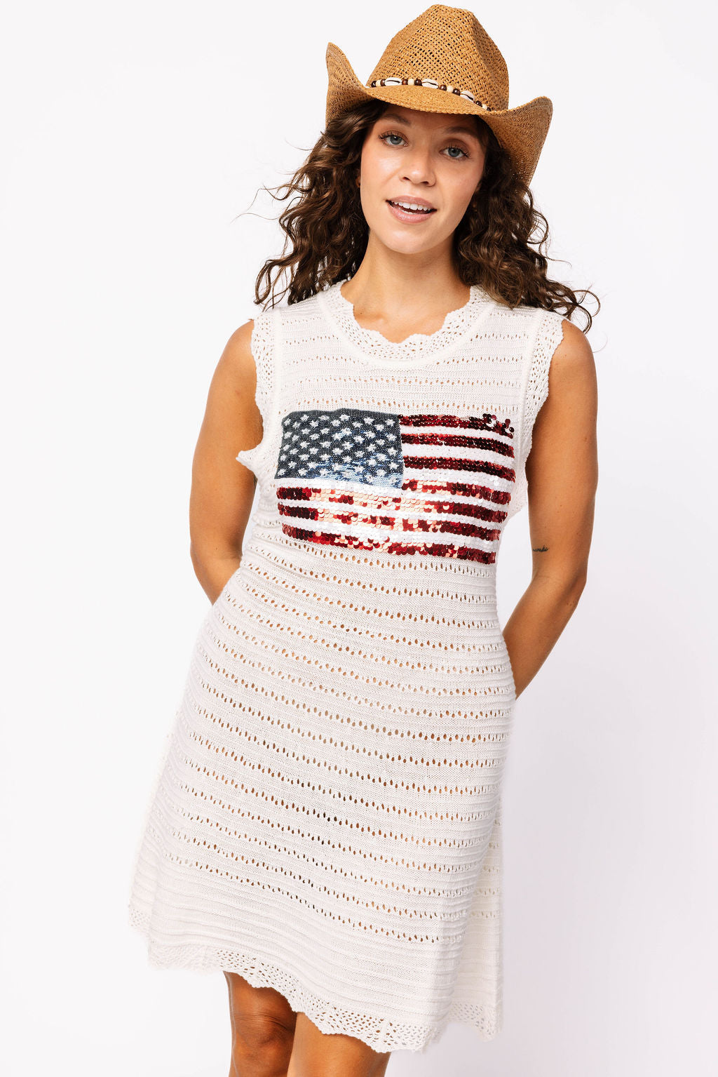 QUEEN OF SPARKLES Sequin AMERICAN FLAG LaceKnit Dress