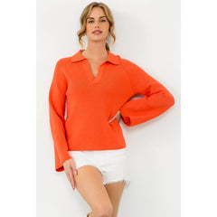 ALEXA Collared Rib Knit Long Sleeve Top