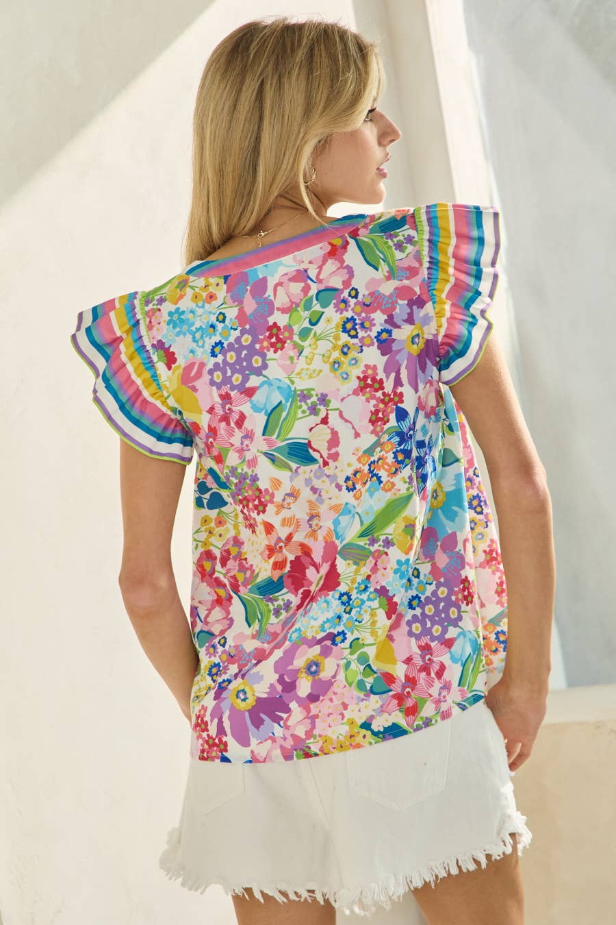 SPRING BLOOM Floral Border RffleSlv Top