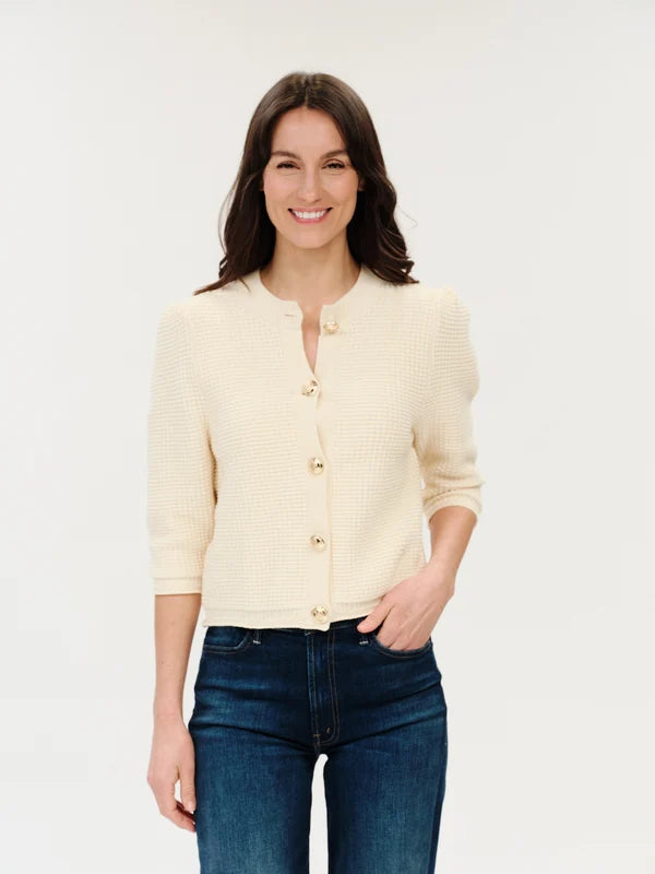 Six / Fifty Lou Puffled Shoulder Waffle Cardigan - Cream