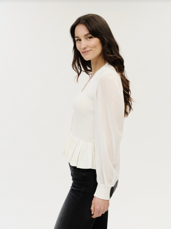 Six / Fifty Alexandra Sweater Chiffon Sleeve Top - White