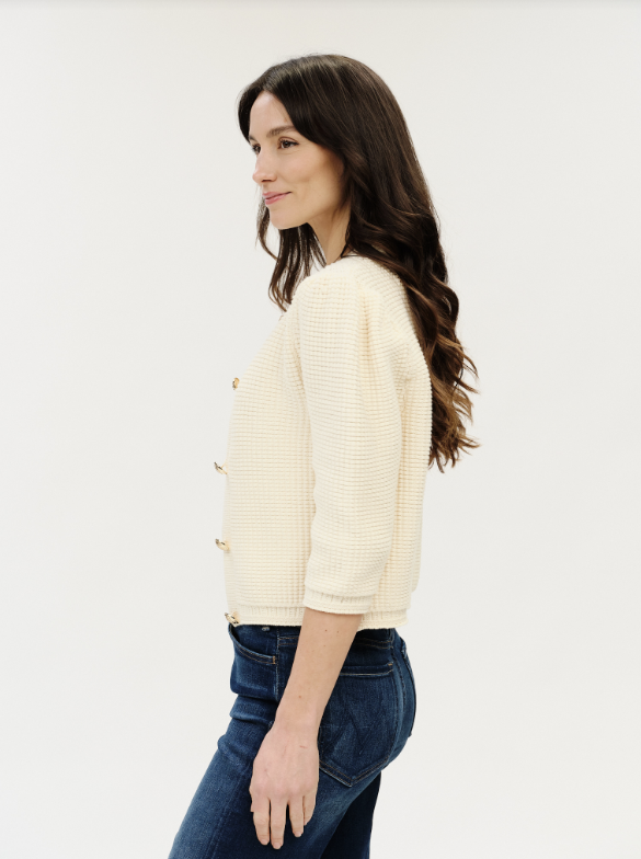 Six / Fifty Puff Shoulder Waffle Cardigan - Cream