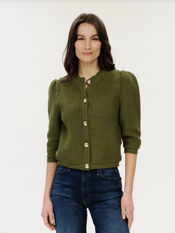 Six / Fifty Puff Shoulder Waffle Cardigan - Thyme
