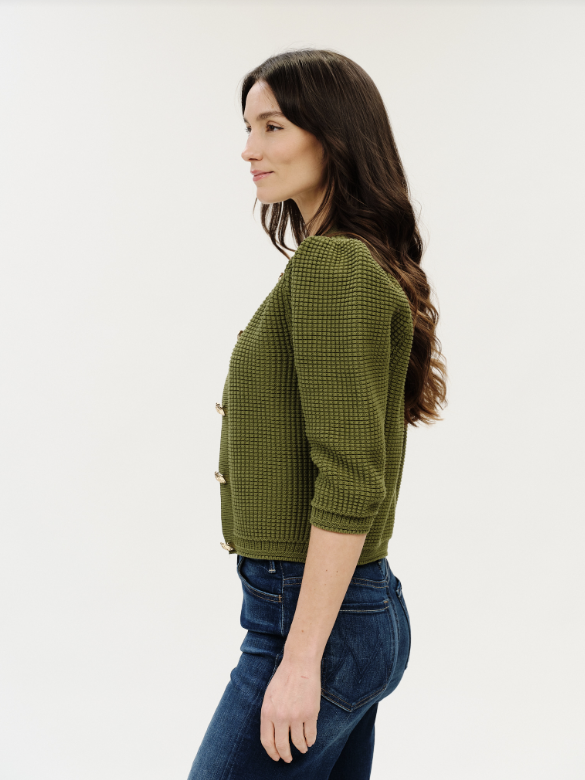 Six / Fifty Puff Shoulder Waffle Cardigan - Thyme