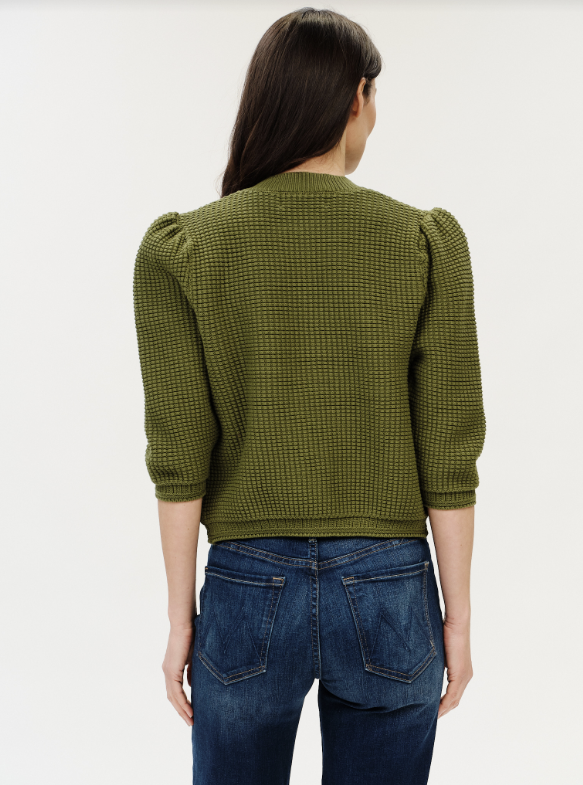 Six / Fifty Puff Shoulder Waffle Cardigan - Thyme