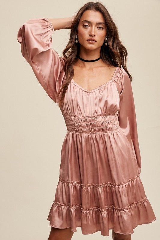 *FEELS Satin Sweat Heart Neck Long Sleeve Dress