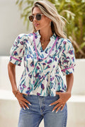 SHARED Floral RicRac Trim HalfSleeve Peplum Top