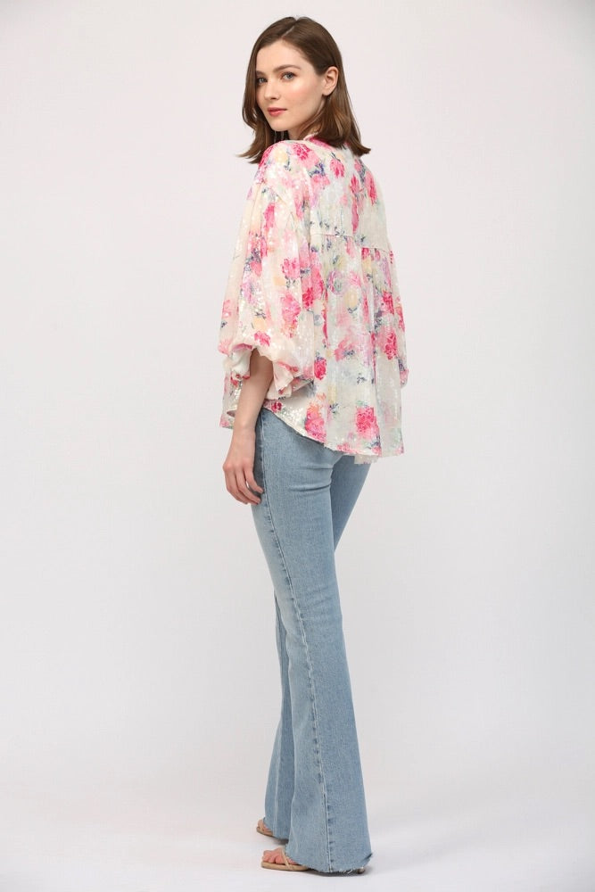 MARA Floral Sequin BubbleSleeve Blouse