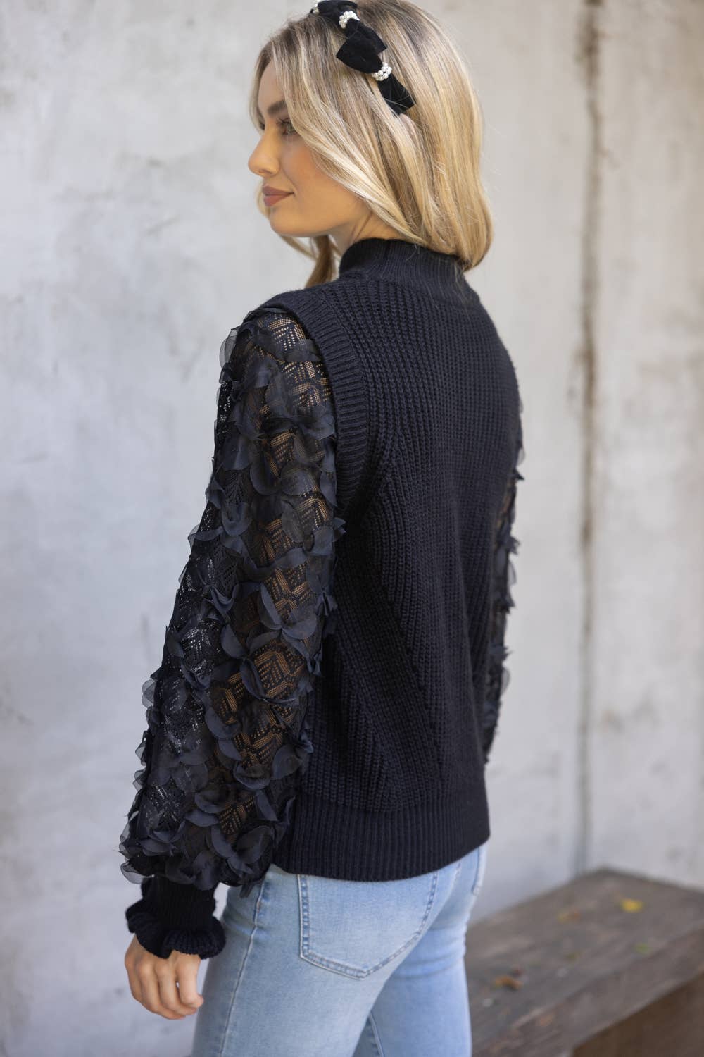 MONACO FloralTulleSleeve MockNeck Sweater Top