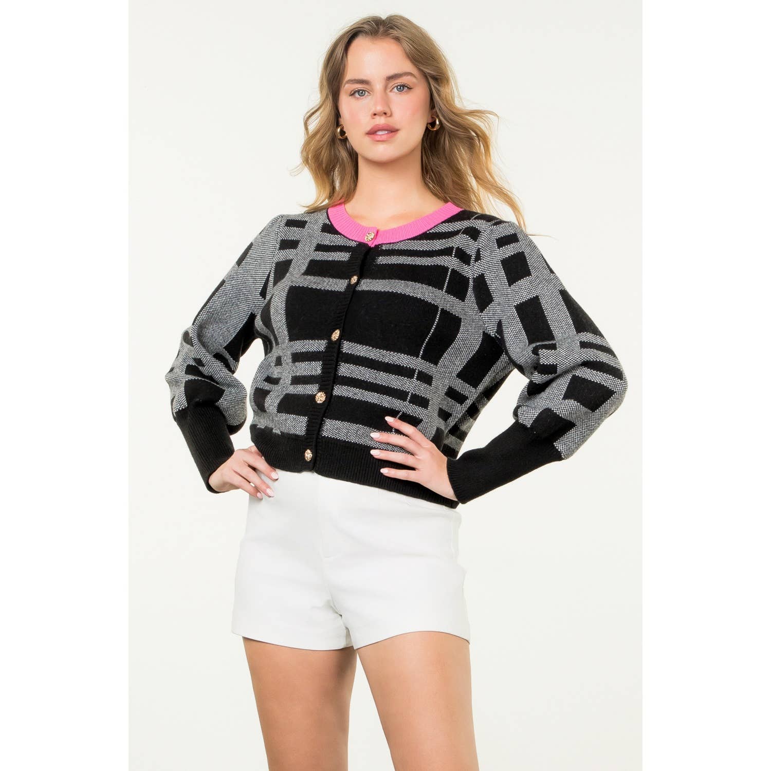 ISABELLA Knit Plaid Contrast Color Cardigan Top