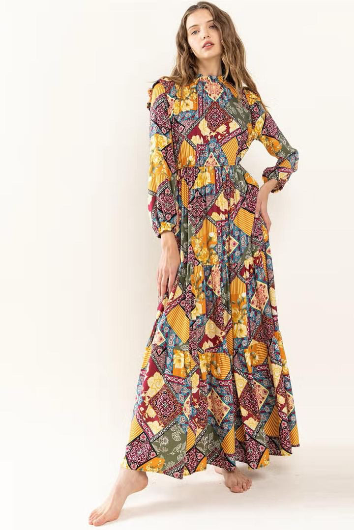 FLUENT Border Print Tiered Maxi Dress