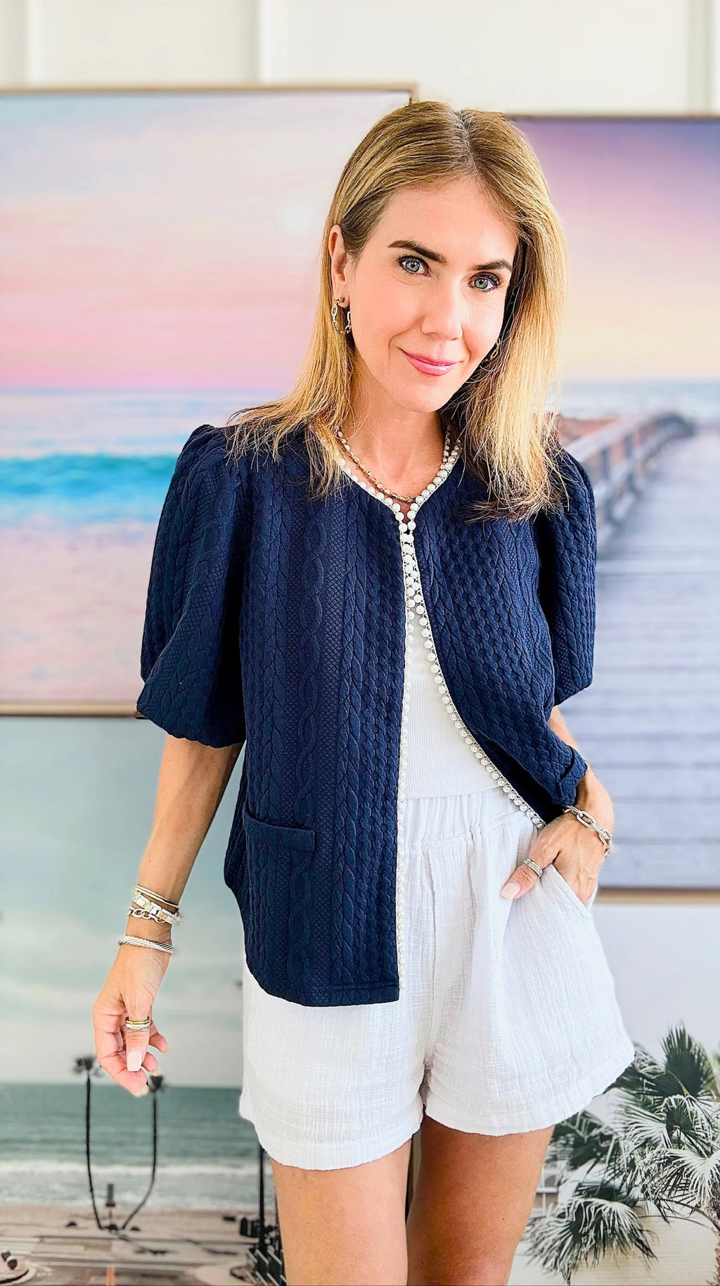 BRIAR Pearl Detail PuffSleeve TextureKnit Cardigan Top