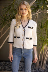 EMILY Contrast Braid Gold Button Tweed Jacket