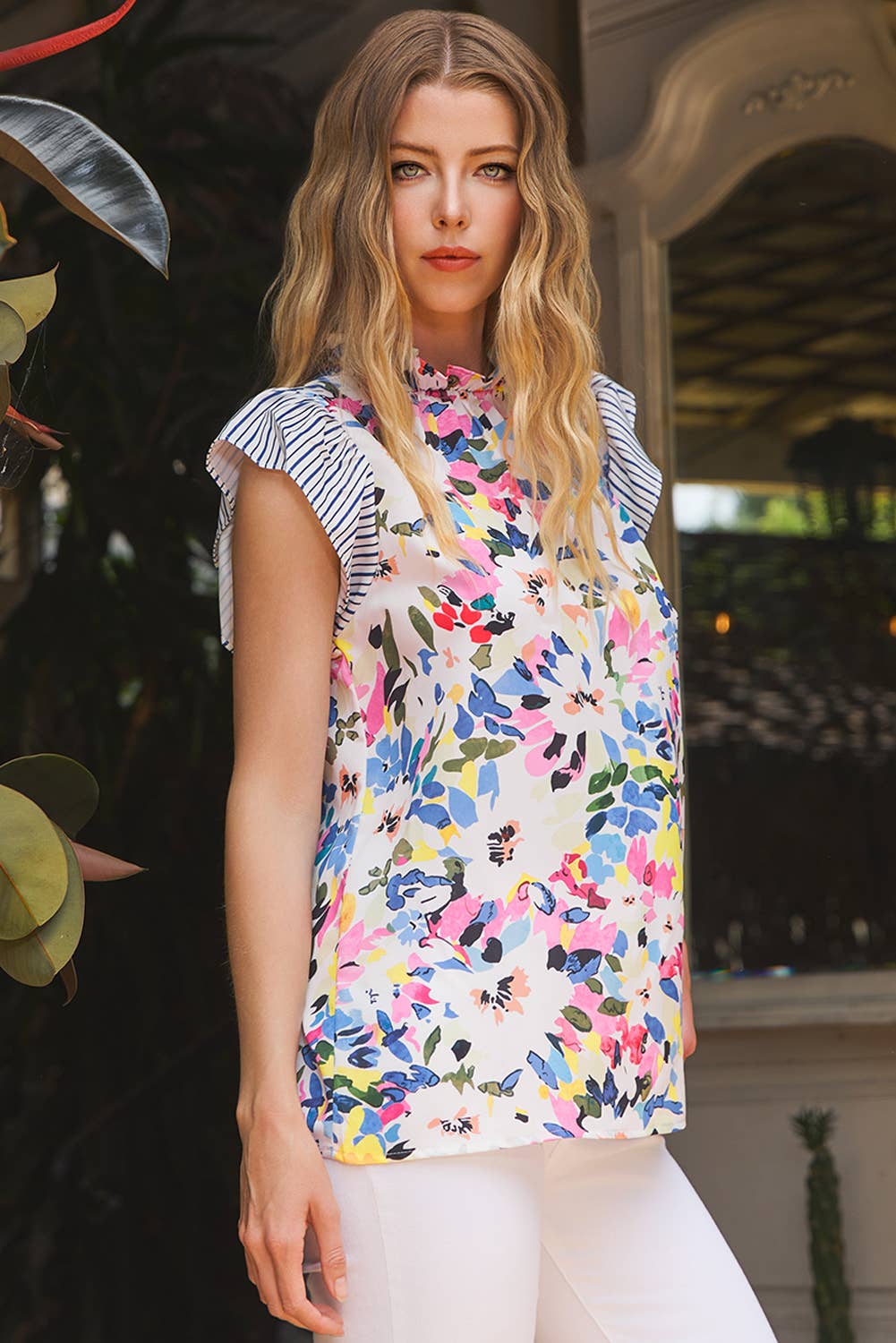 BURST Floral Stripe RuffeSleeve Top
