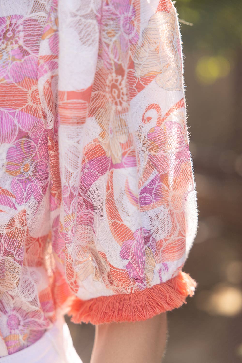 SURROUND Floral Embroidery Print FringeTrim Lace Top