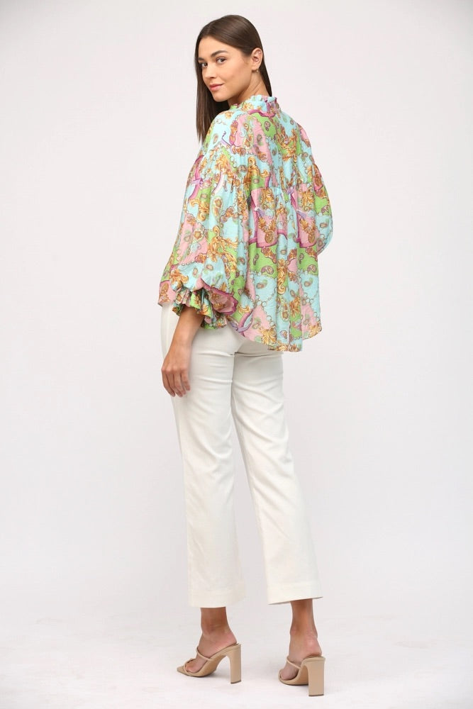 NAPLES ChainPrint ButtonDown BubbleSleeve Top