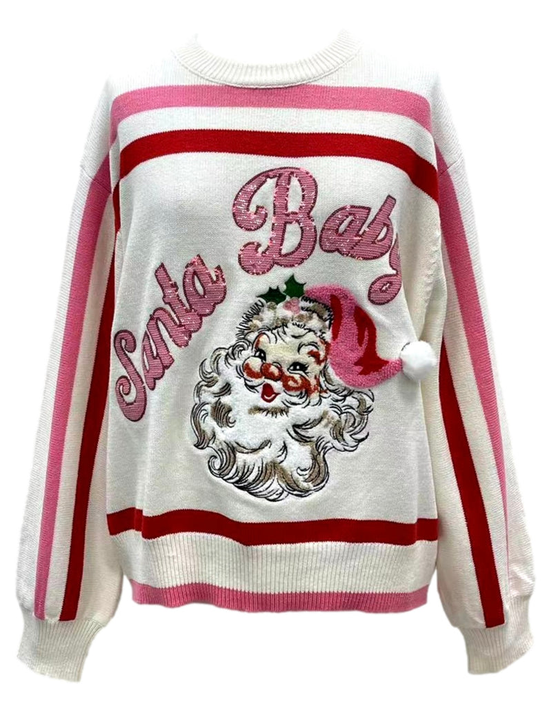 QUEEN OF SPARKLES Sequin SANTA BABY Fuzzy Applique Sweater