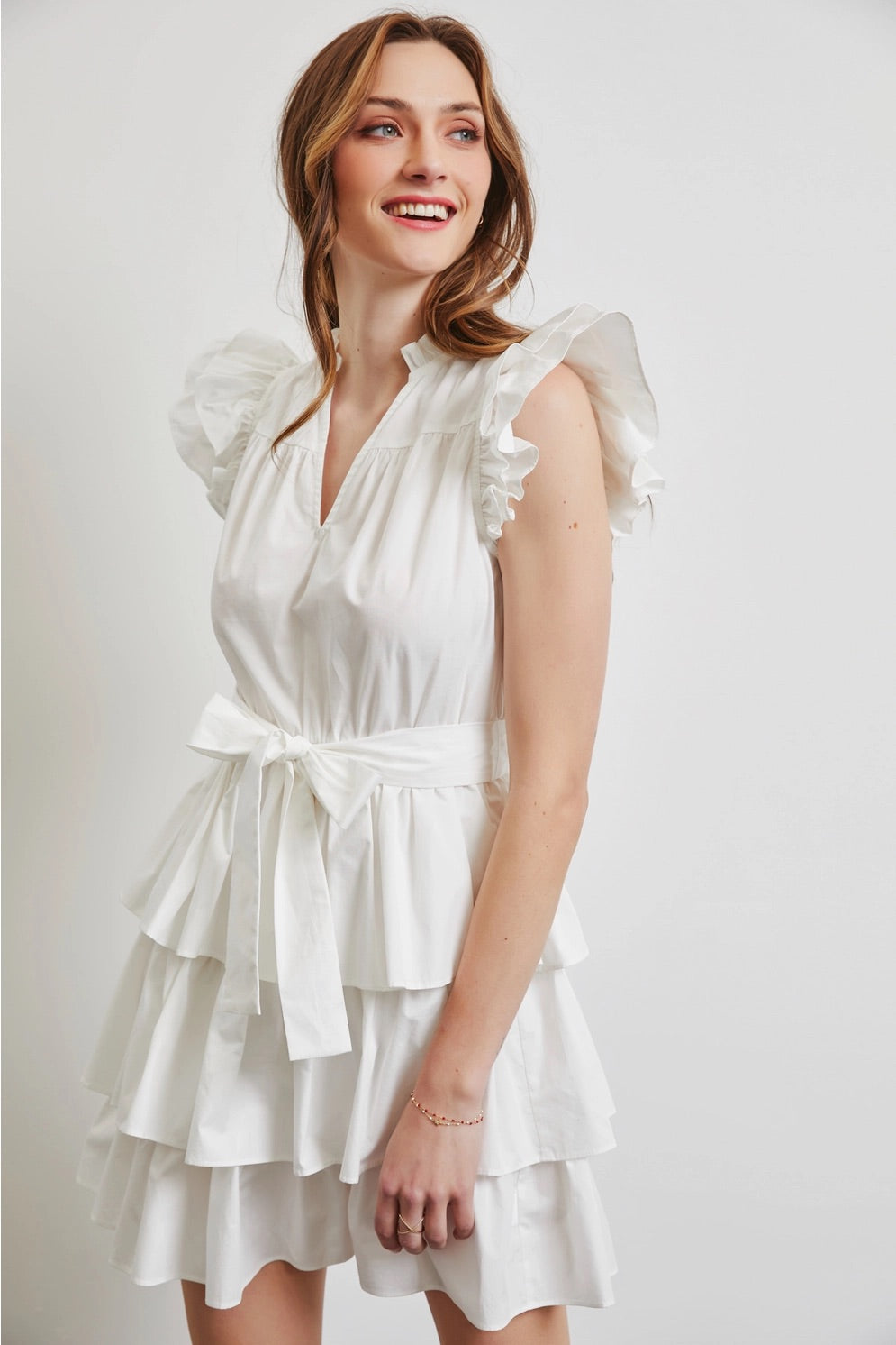 CEREMONY Tiered Ruffle Skirt FlutterSleeve Poplin Dress