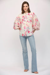 MARA Floral Sequin BubbleSleeve Blouse