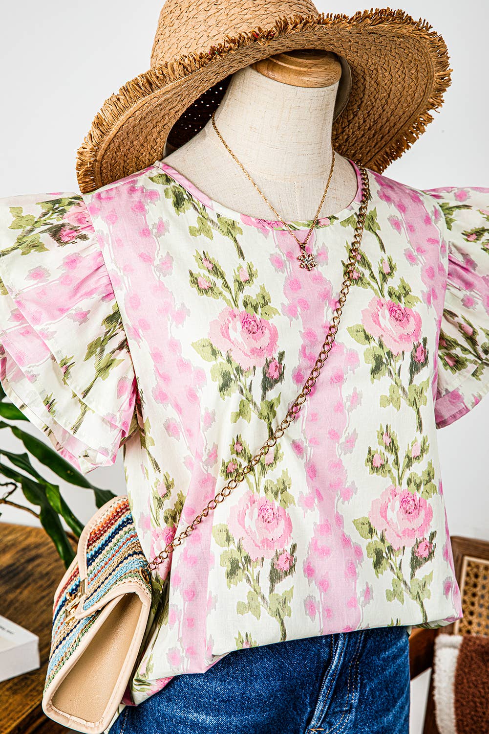 WARD Floral/Stripe RuffleSleeve Top