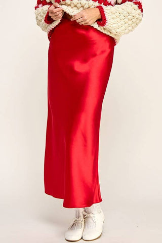 SATIN EFFECT MIDI SKIRT: Red / L