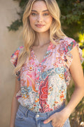 UNRAVEL PleatSleeve Paisley Button Down Top