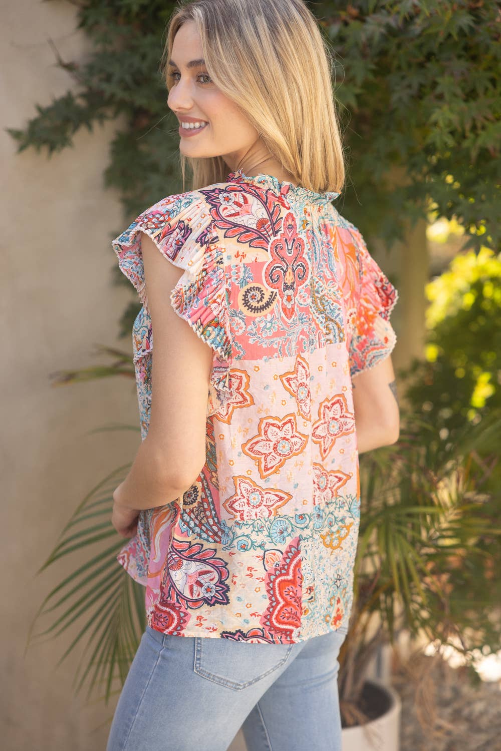UNRAVEL PleatSleeve Paisley Button Down Top