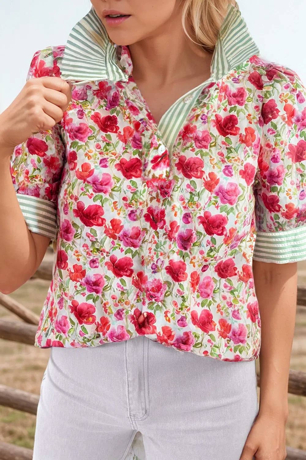 EAGER Floral StripeTrim Collar Short Sleeve Top