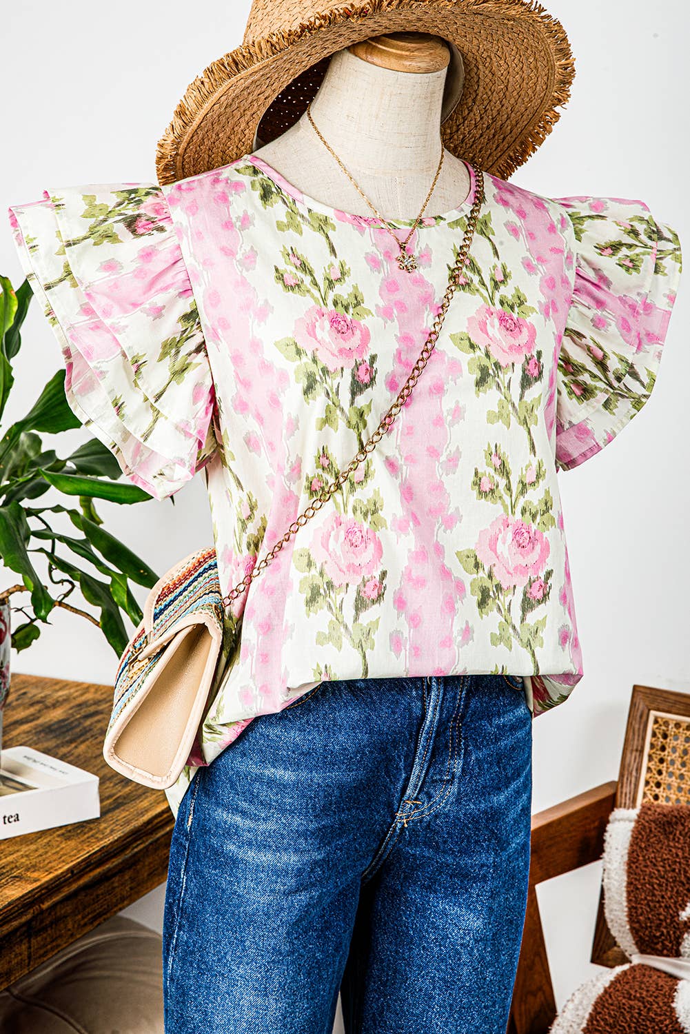 WARD Floral/Stripe RuffleSleeve Top