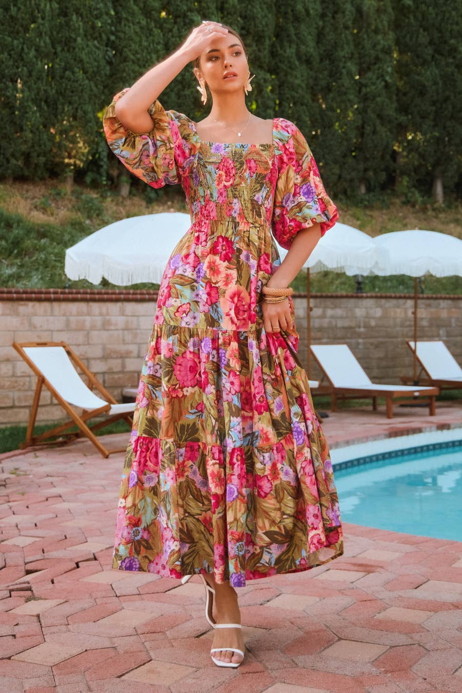 SCOPE Floral BubbleSleeve Smocked Maxi Dress
