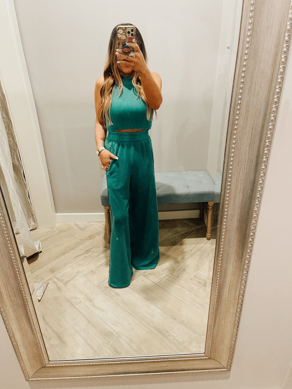 RISEN 2Piece HalterNeck RibMix WideLeg Pant Set