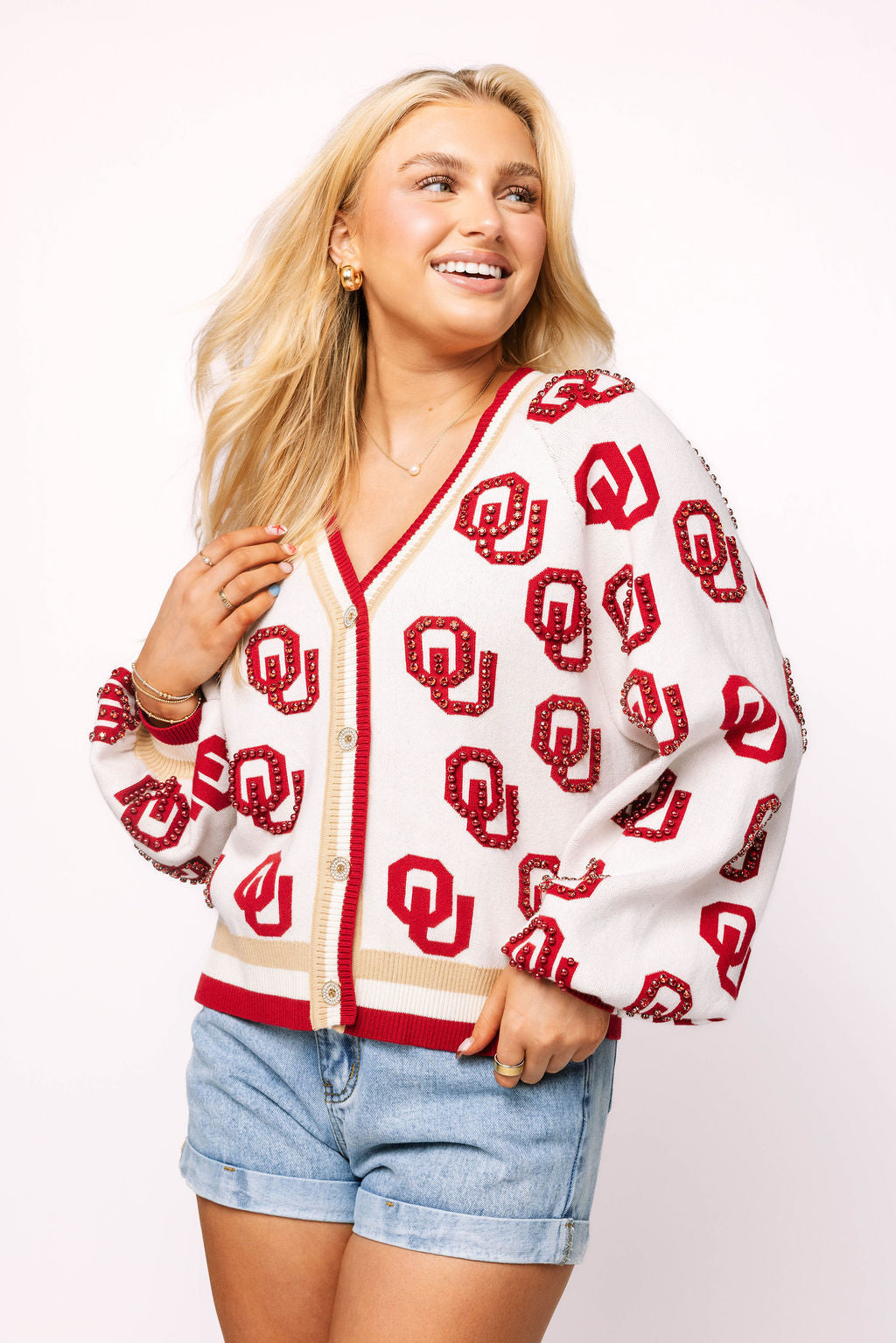 QUEEN OF SPARKLES Licensed Knit OKLAHOMA Rhinestone OU Cardigan Top M
