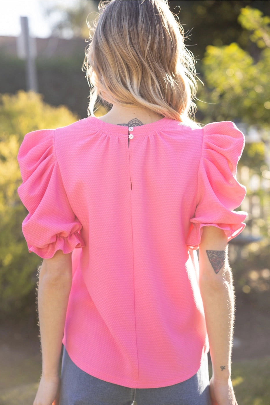 ANGLES Pleat PuffSleeve TexturedKnit Top