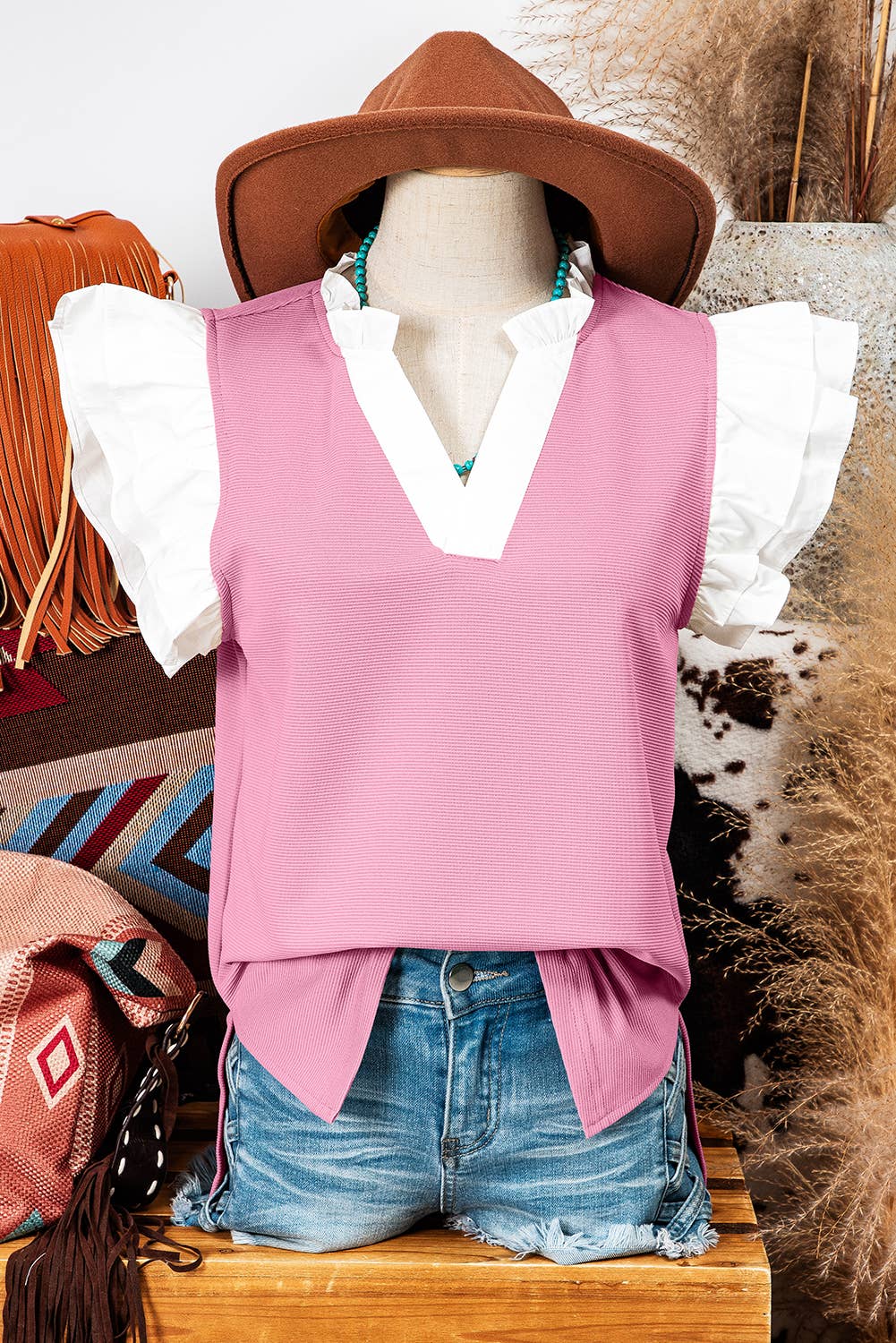 RECLINE Contrast V-Neck Ruffled Twofer Knit Top