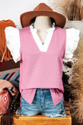 RECLINE Contrast V-Neck Ruffled Twofer Knit Top