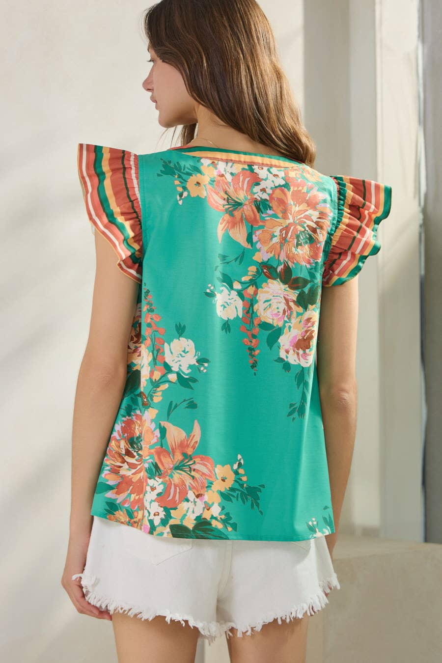 SEDONA Floral StripeBorder SplitNeck Top