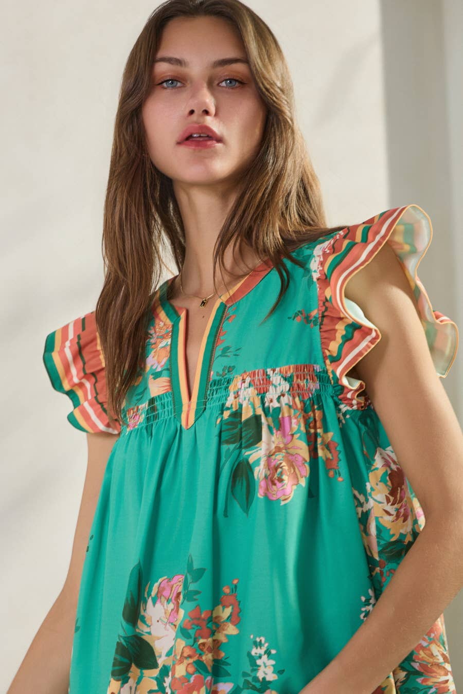 SEDONA Floral StripeBorder SplitNeck Top