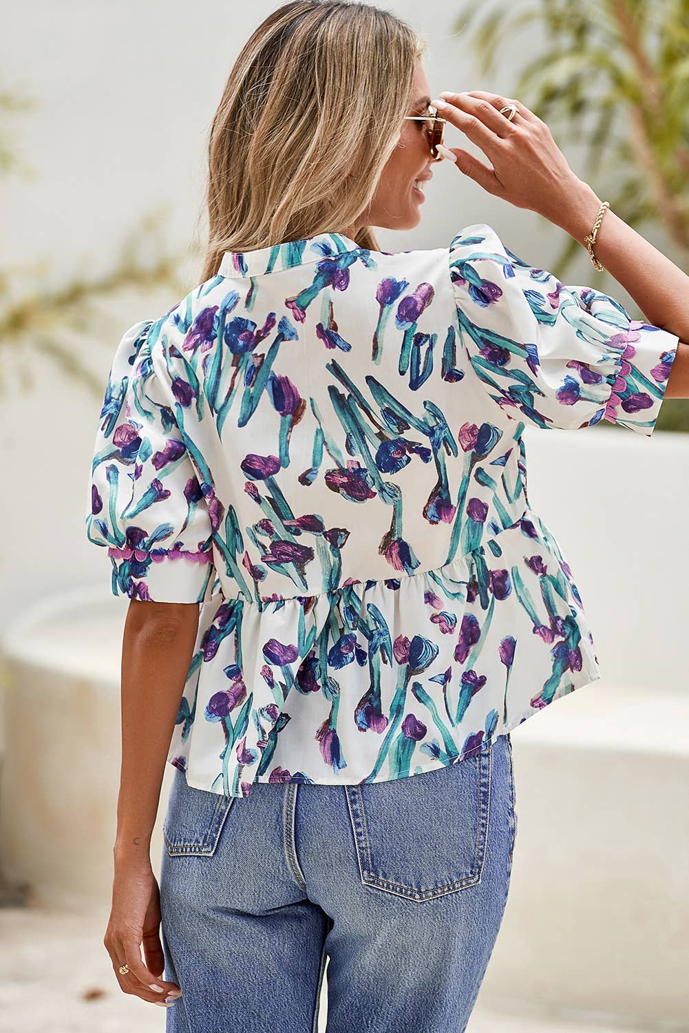 SHARED Floral RicRac Trim HalfSleeve Peplum Top