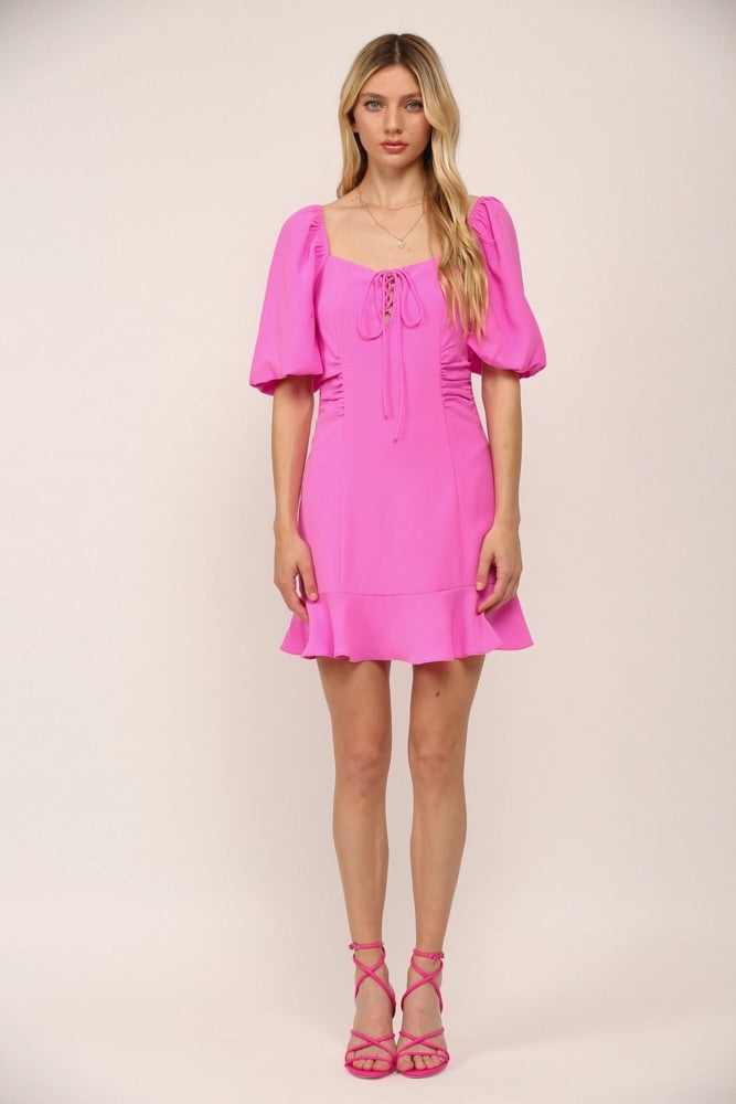 MONROE BubbleSleeve SquareNeck RuffleHem Dress