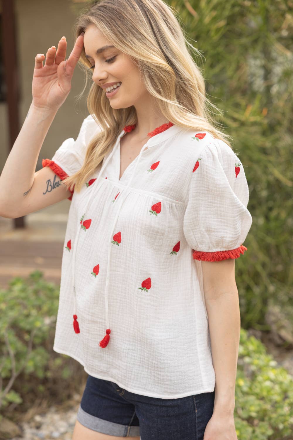 NORA Strawberry Embroidery Gauze Top