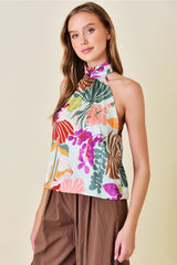 NIA FloralPrint MockNeck Halter Satin Top