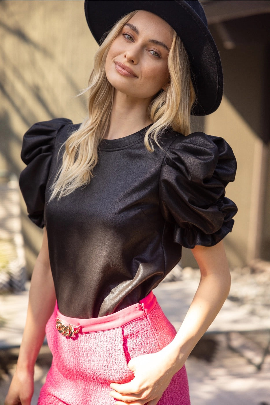 EXERT VeganLeather Ruched Sleeve Top