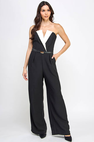 ALYSSA  Belted Strapless SplitBust ColorBlock Jumpsuit