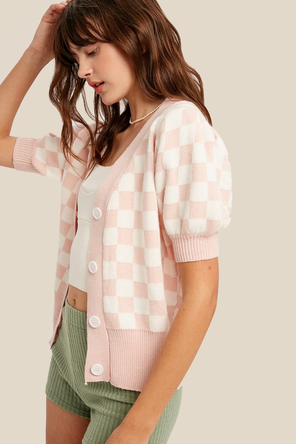 LOVEY Gingham Puff ShortSleeve Cardigan