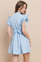 CAREY Pleated MockNeck ButtonDown RuffleShoulder Poplin Dress