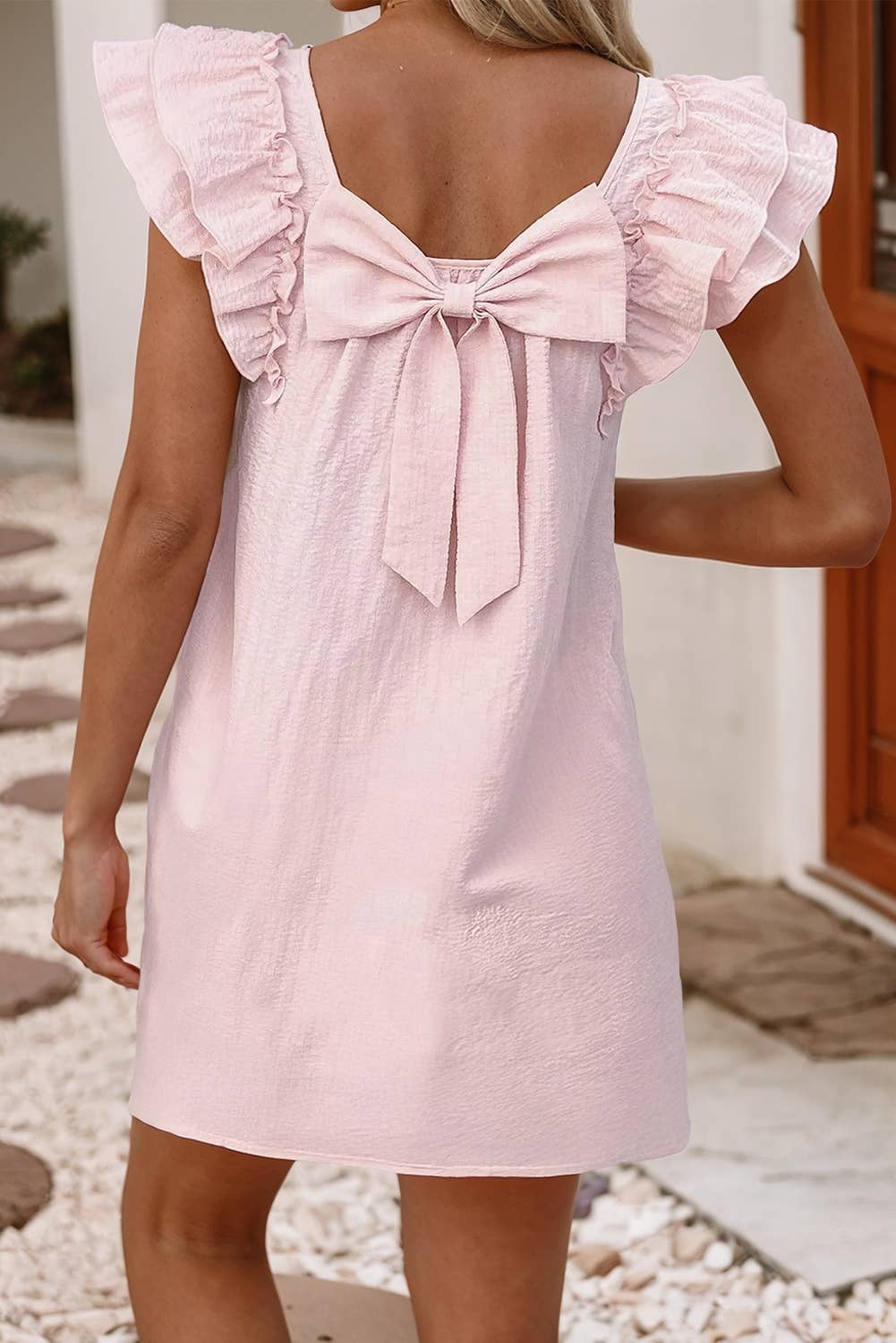 TACT Textured BowBack SquareNeck FlutterSleeve Dress