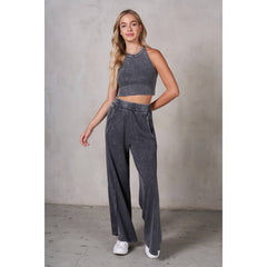 RISEN 2Piece HalterNeck RibMix WideLeg Pant Set