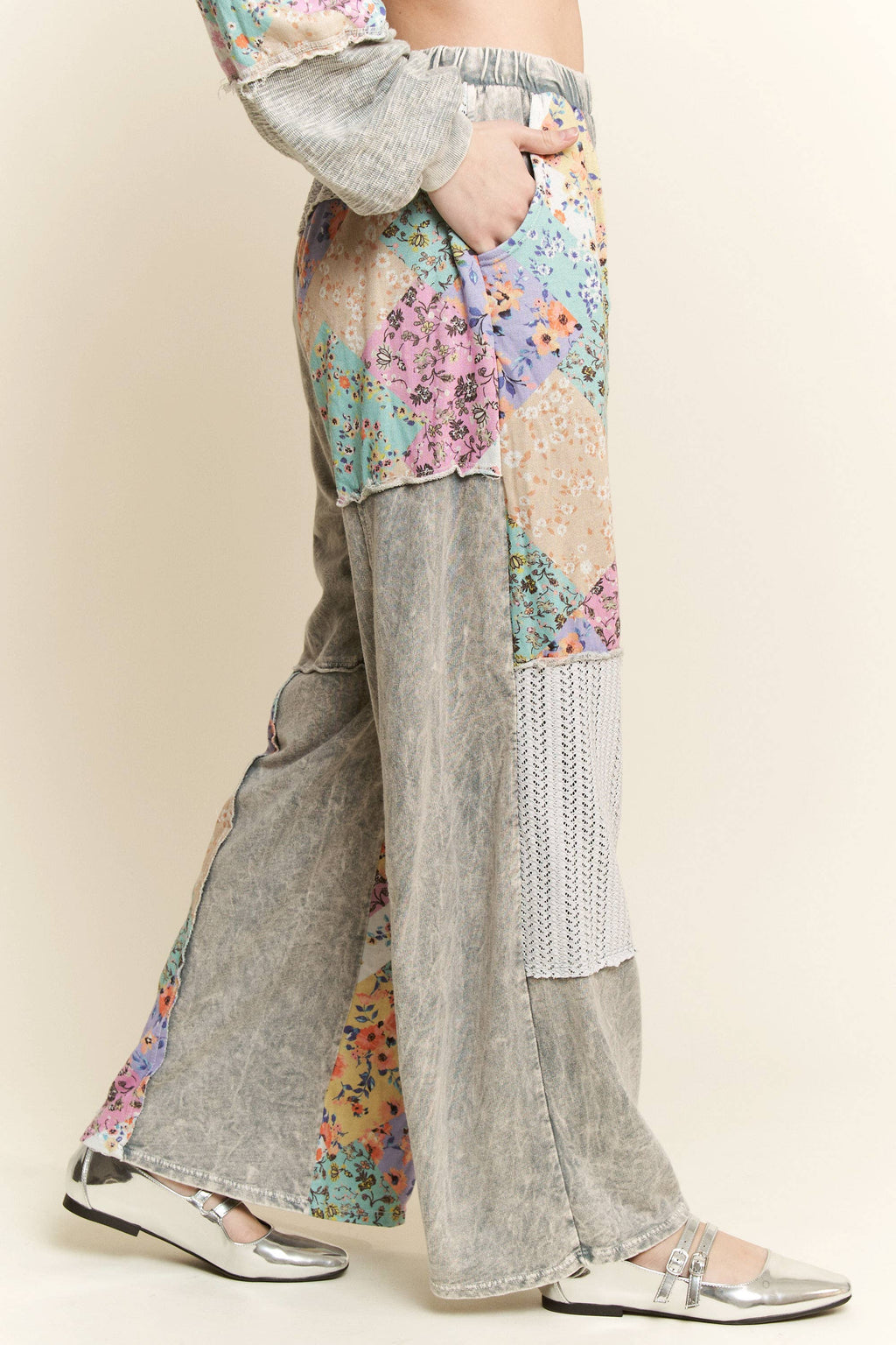 MERE Mineral Washed Floral WaveKnit Jacquard Patchwork Pants