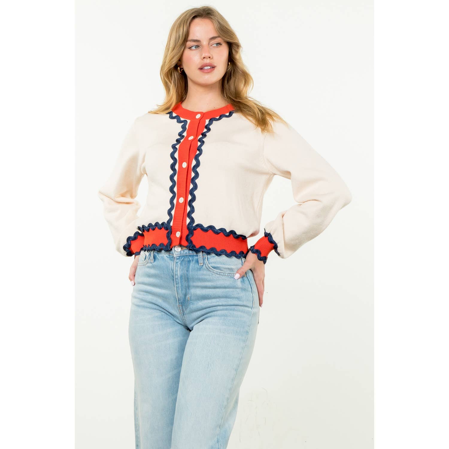 SHAI Ricrac Trim ButtonUp Knit Cardigan Top