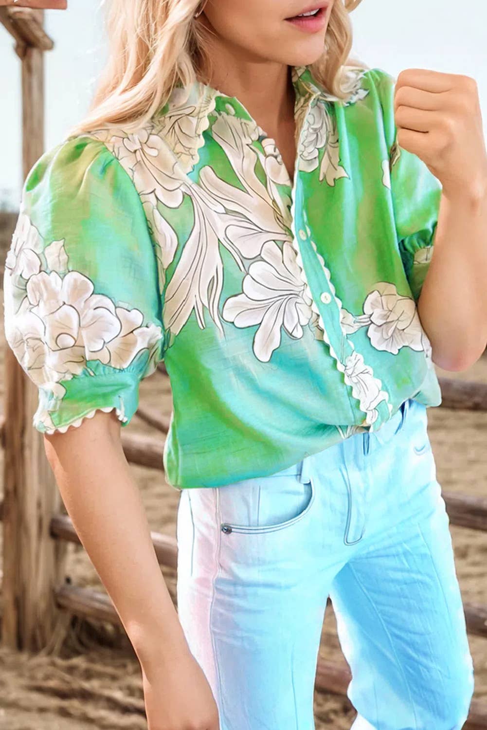 REGARD Floral Ric Rac Trim PuffSleeve Button Up Top